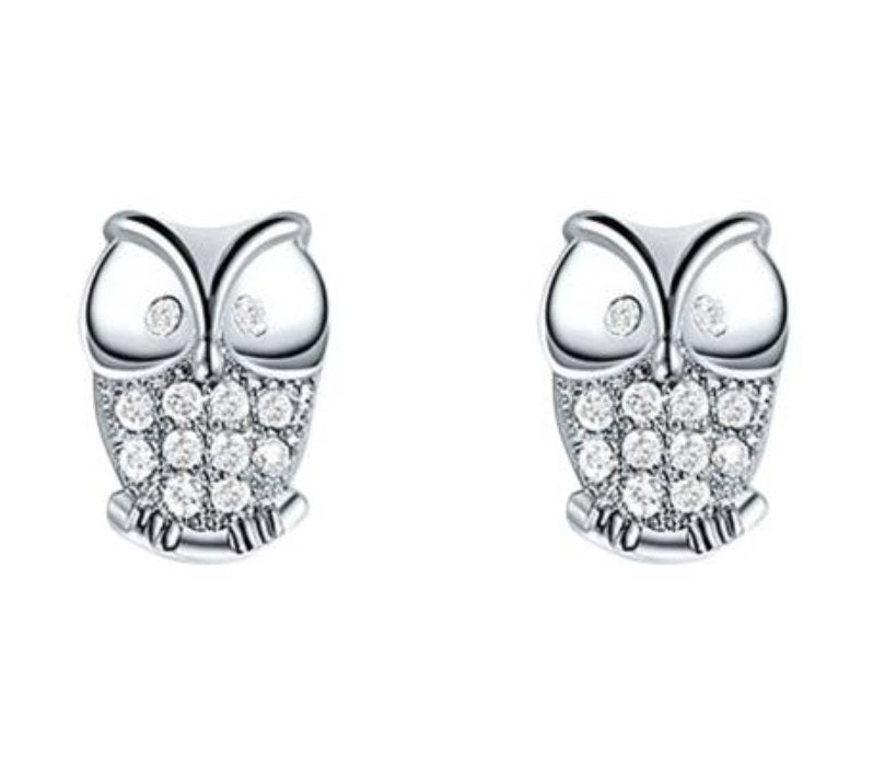 Ma Petit Amie Platinum Owl Earrings with Swarovski Crystals