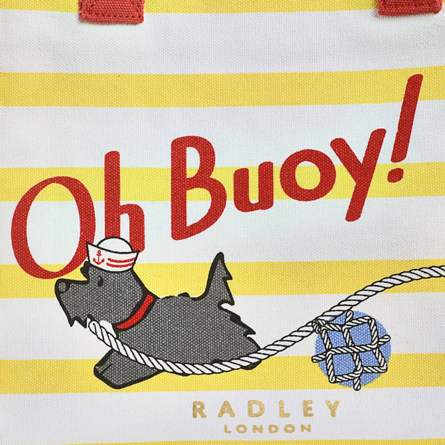Radley nautical grab bag with 'Oh Buoy!' text and a cartoon dog on a striped background, featuring the brand 'Radley London'.