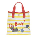 Radley grab bag with yellow and white stripes, red handle, and 'Oh Buoy!' text on a white background.