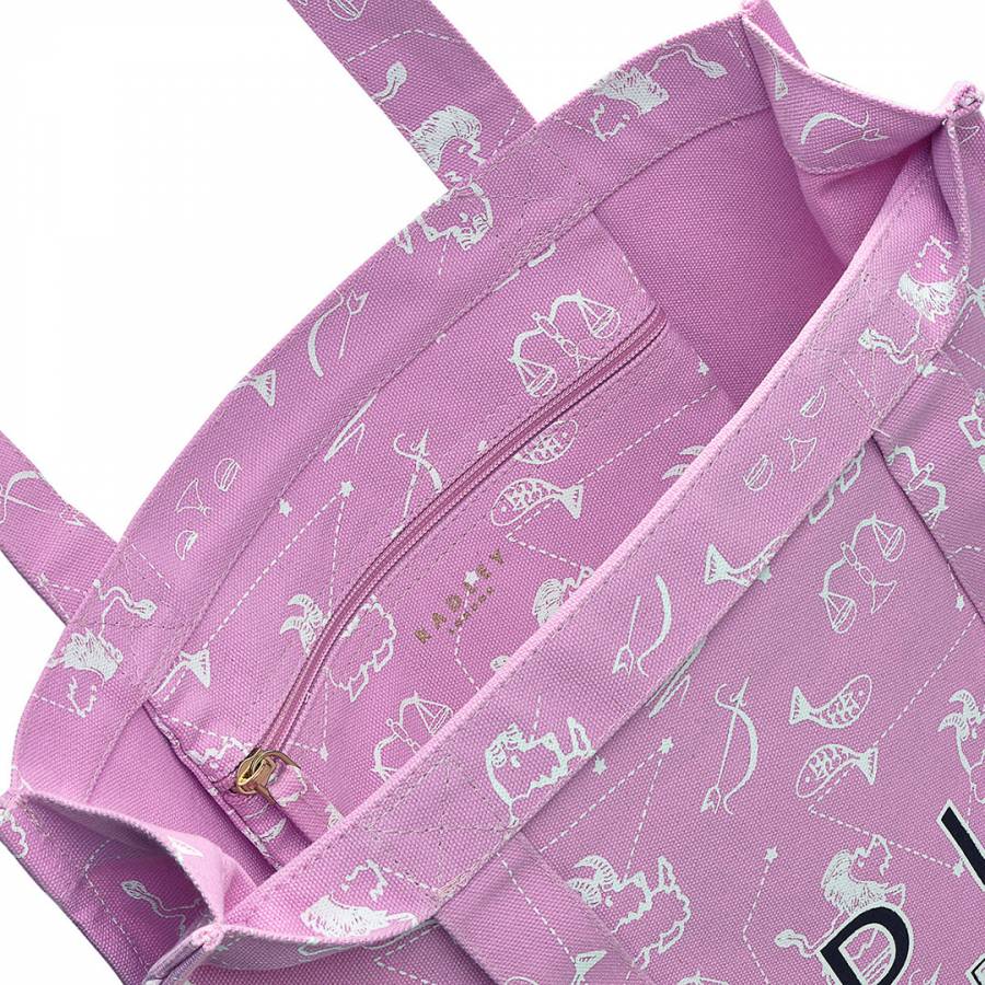 Close-up of a Radley astrology pink bag with zippers and a pattern of astrological signs.