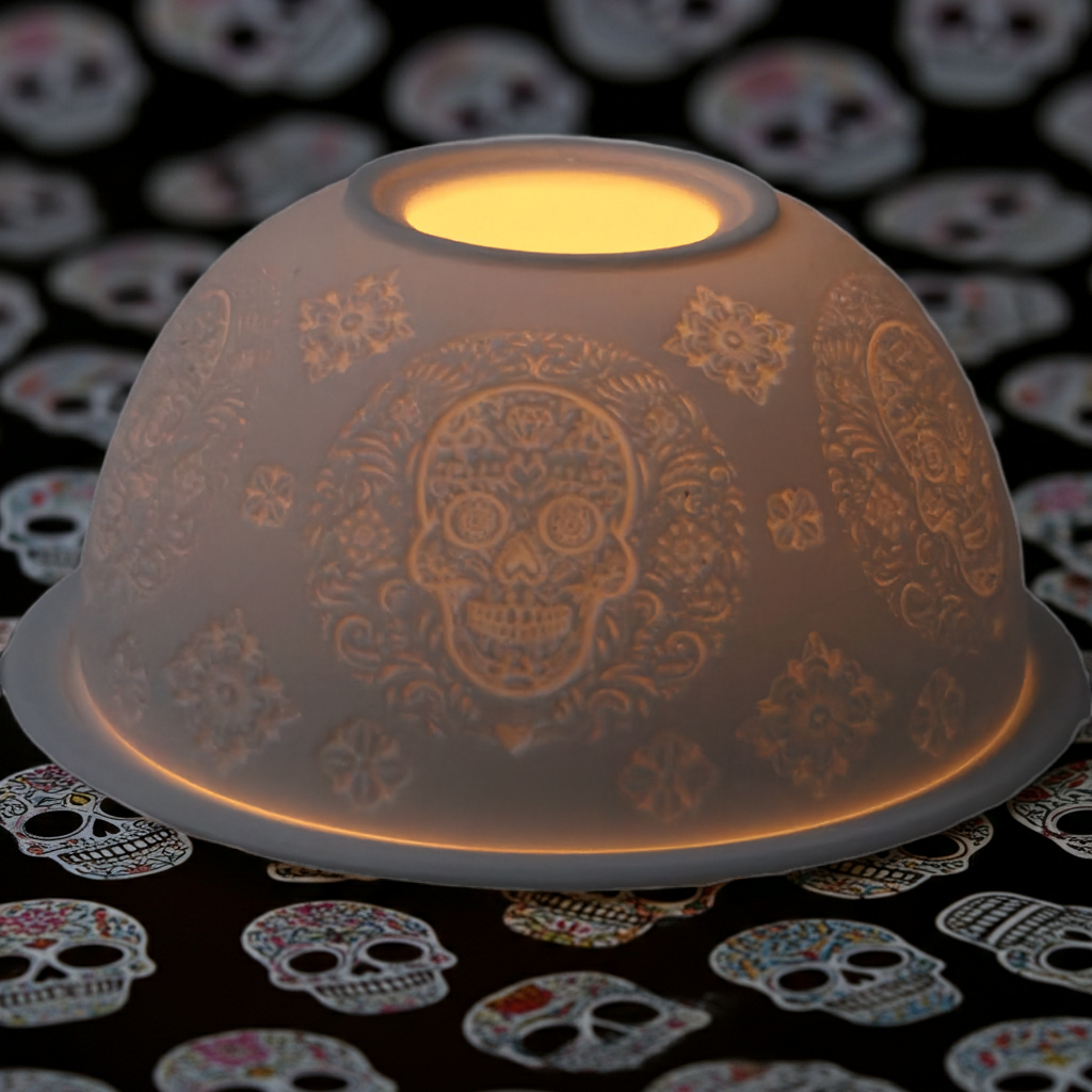 Decorative skull-themed candle holder with a warm glow on a background of colorful skulls.