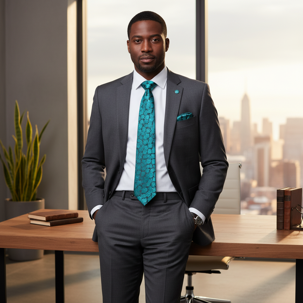 teal floral tie set on man in office attire
