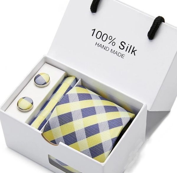 Blue and Yellow Tie, Handkerchief and Cufflink Silk Gift Set